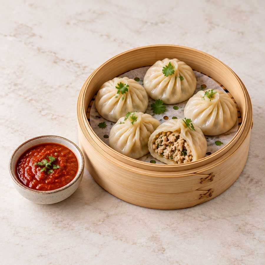 Steamed Chicken Momos with red chutney at 080 Cafe & Juice, Cooke Town, Bengaluru