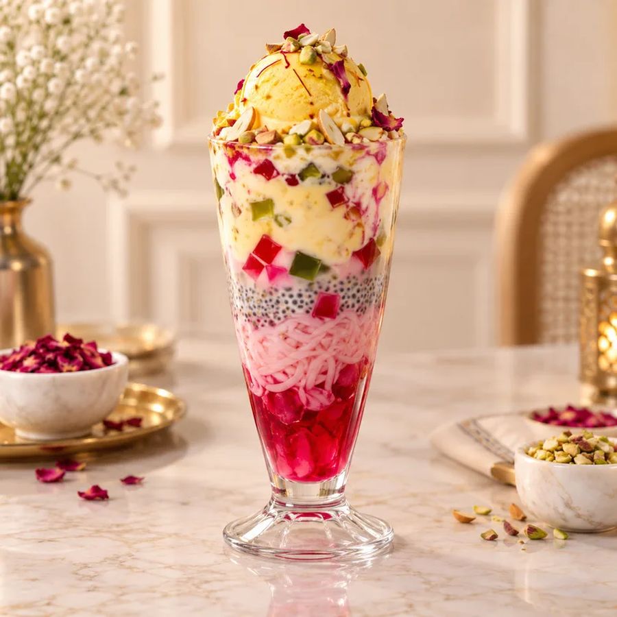 Royal Falooda layered dessert glass at 080 Cafe & Juice