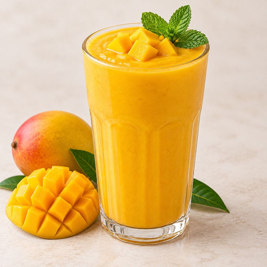 Glass of Mango fresh juice with cut mango at 080 Cafe & Juice, Cooke Town, Bengaluru
